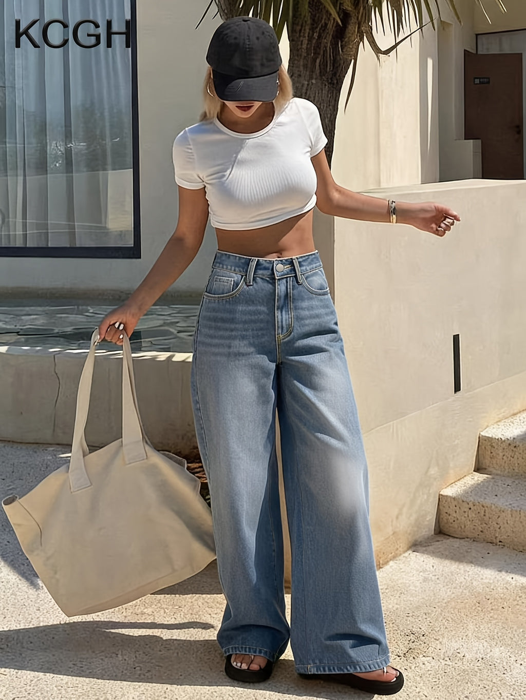 Jean baggy grande taille — Bleu délavé et ceinture froncée