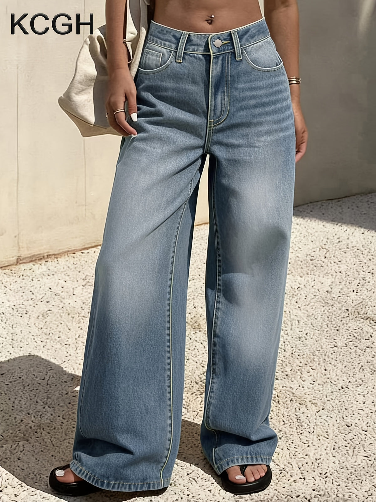 Jean baggy grande taille — Bleu délavé et ceinture froncée