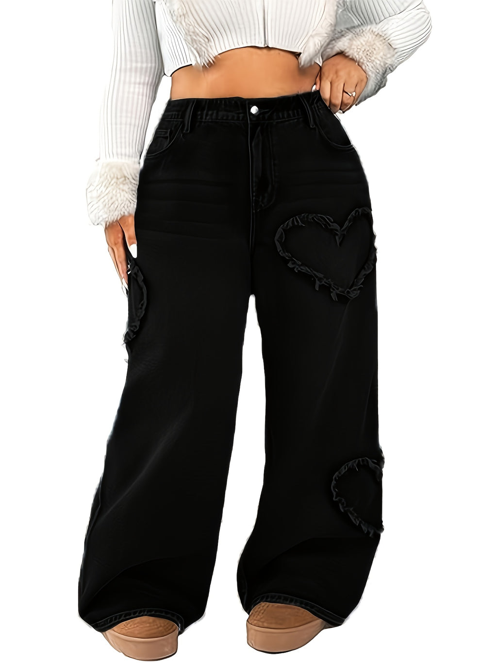 Jean baggy grande taille — Cœurs appliqués, quatre lavages