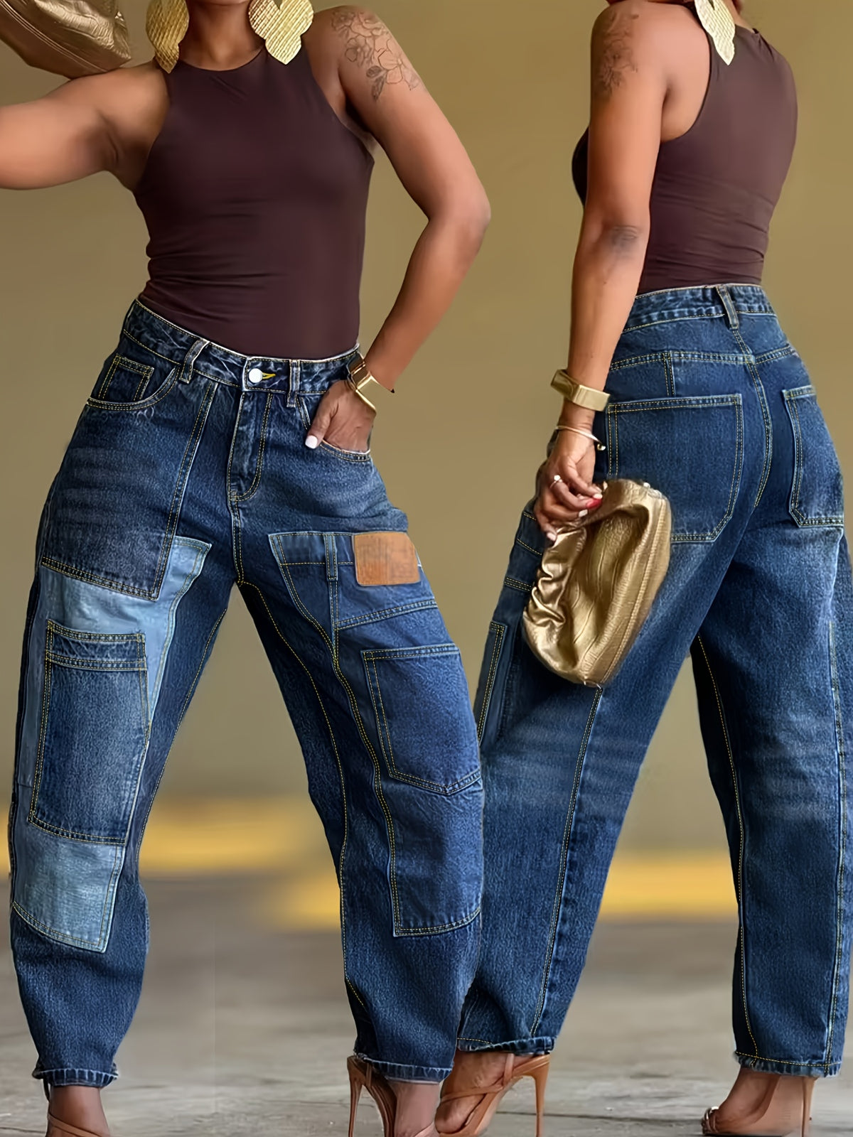 Jean barrel grande taille — Patchwork de denim et ourlet arrondi