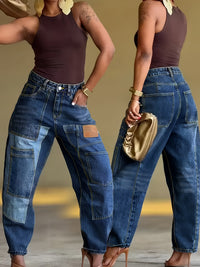 Jean barrel grande taille — Patchwork de denim et ourlet arrondi