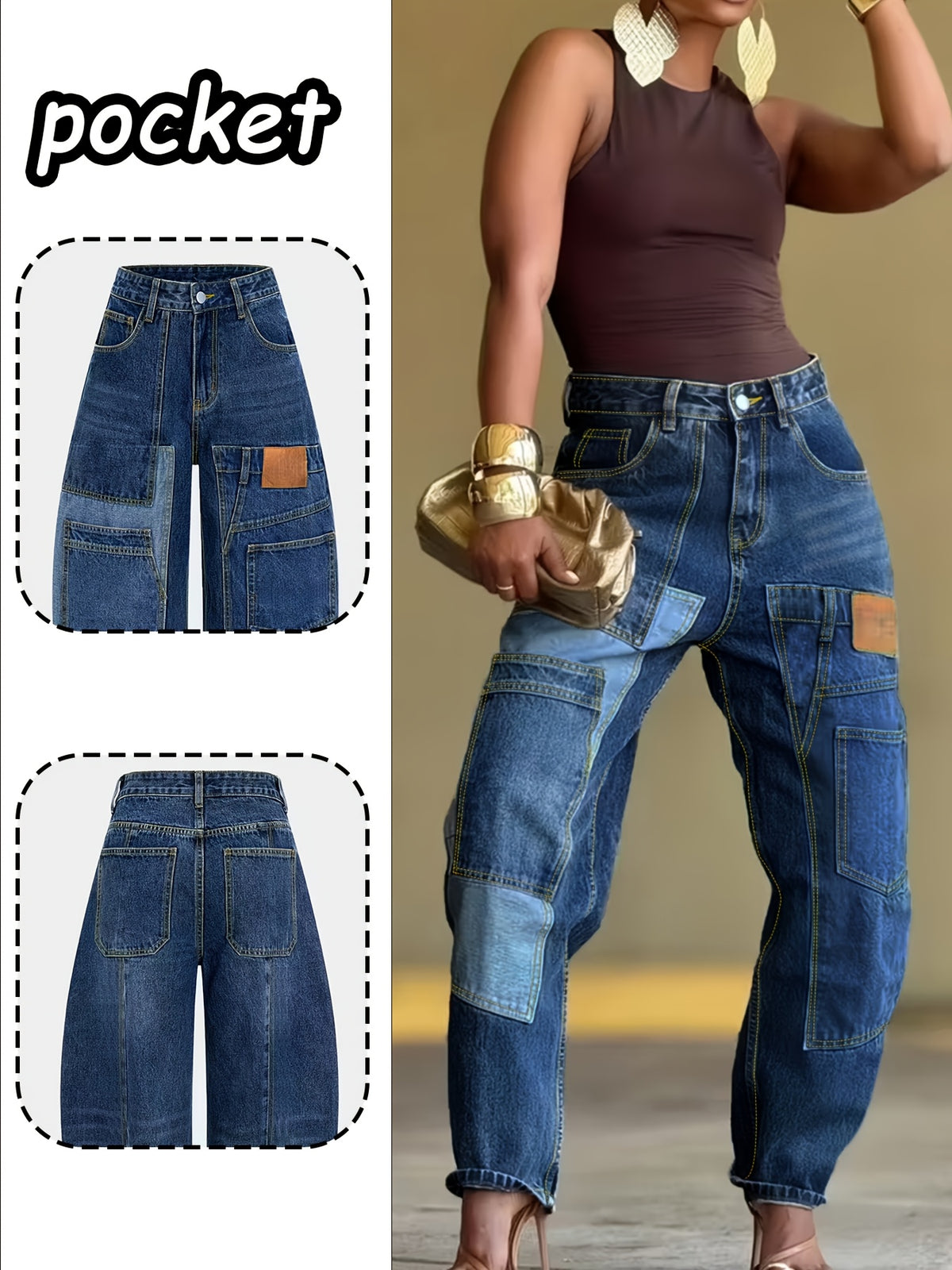 Jean barrel grande taille — Patchwork de denim et ourlet arrondi