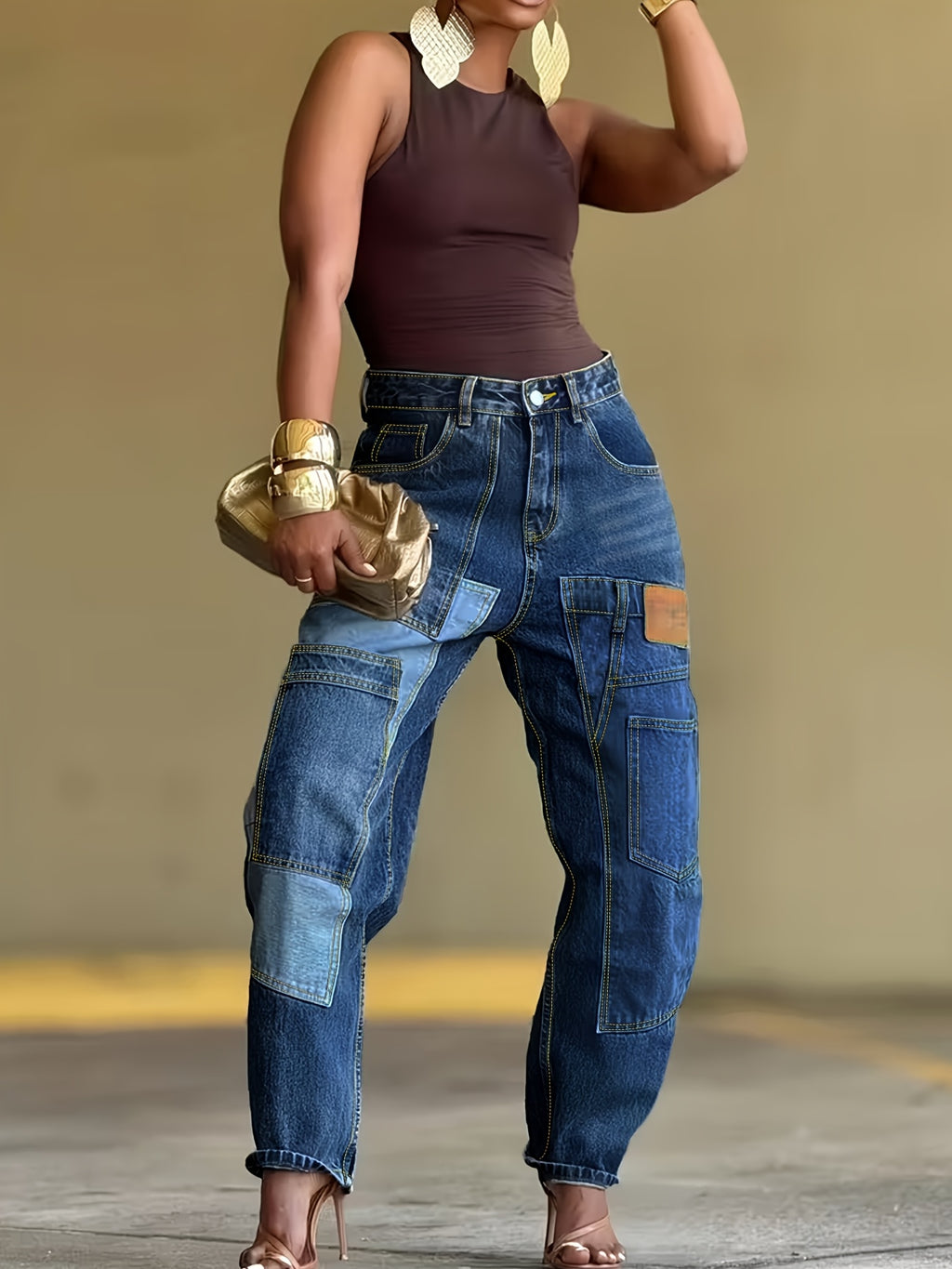 Jean barrel grande taille — Patchwork de denim et ourlet arrondi