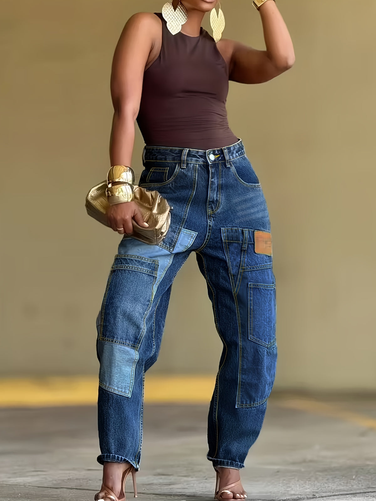 Jean barrel grande taille — Patchwork de denim et ourlet arrondi