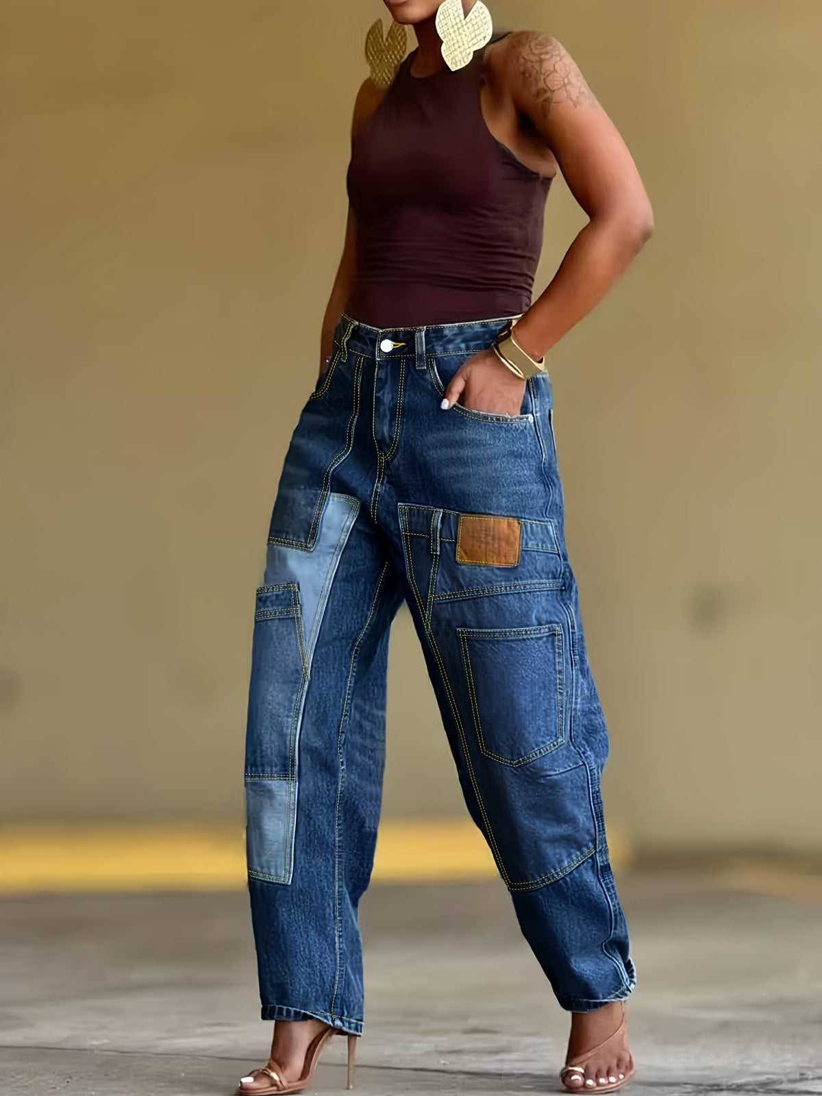 Jean barrel grande taille — Patchwork de denim et ourlet arrondi