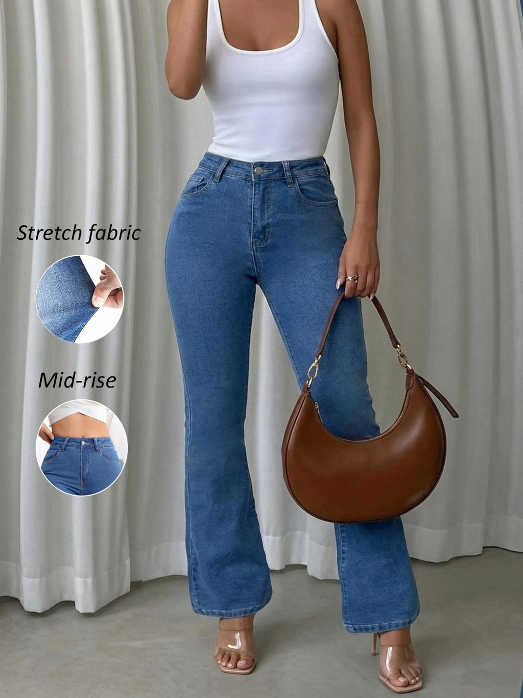 Jean grande taille, coupe évasée, tenue franche, forte élasticité