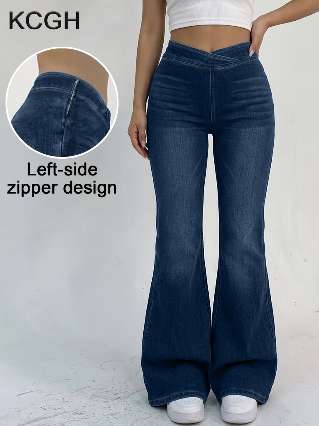 Jean évasé grande taille — Ceinture croisée, zip latéral