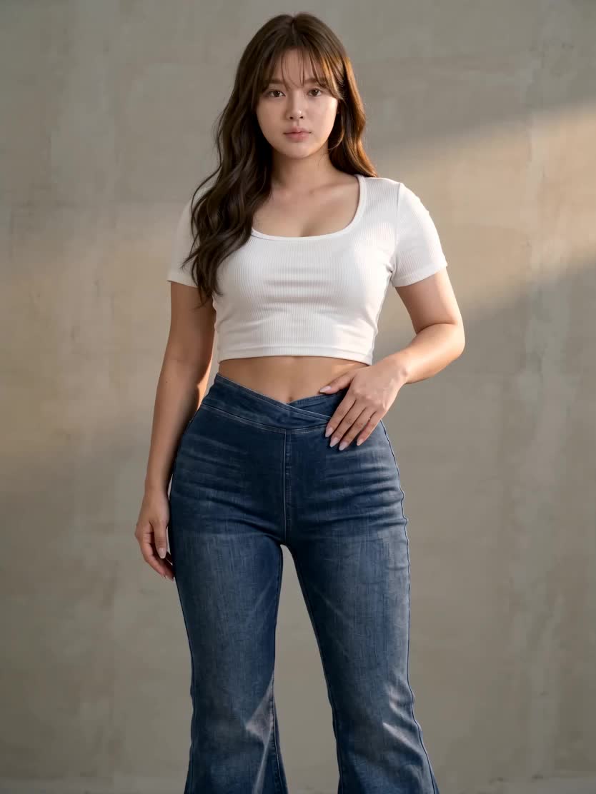 Jean évasé grande taille — Ceinture croisée, zip latéral