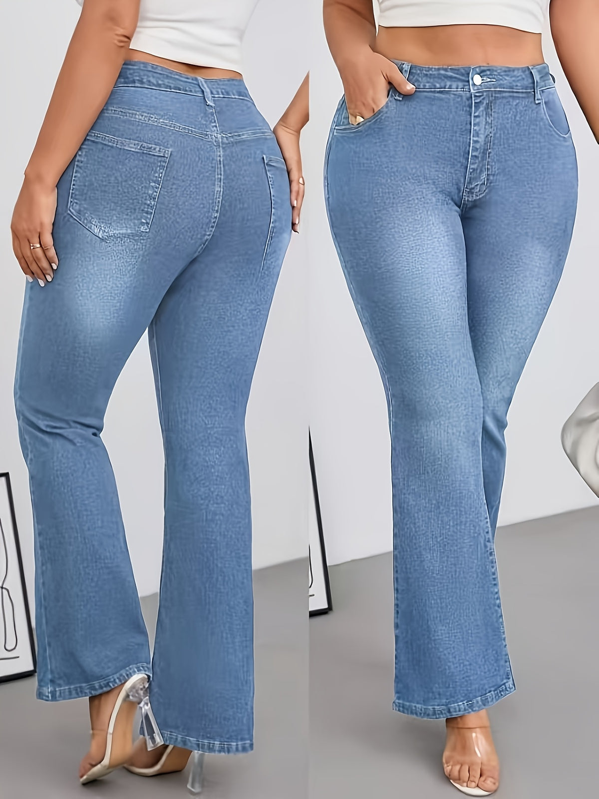 Jean évasé grande taille — Poches en biais, deux indigos