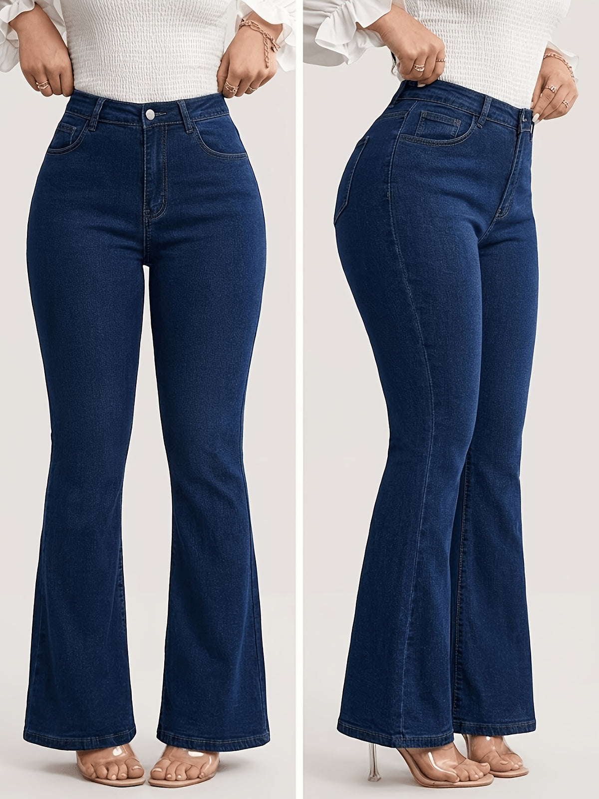 Jean évasé grande taille — Poches en biais, deux indigos