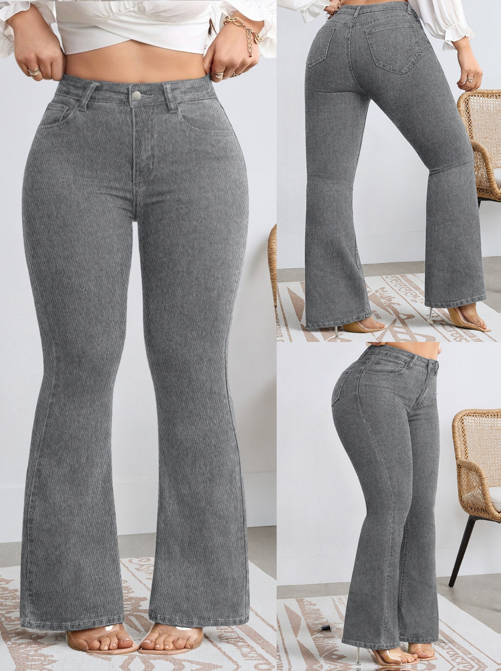 Jean flare gris grande taille — Six fibres, délavage neige
