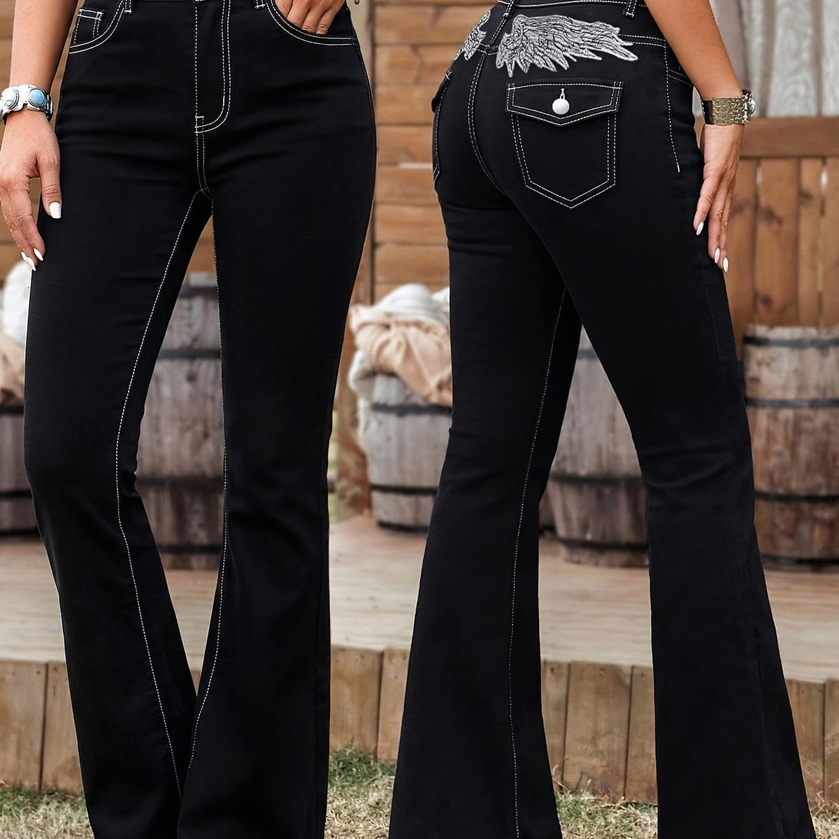 Jean grande taille à broderies, coupe oversize, tombé fluide — matière : viscose Image