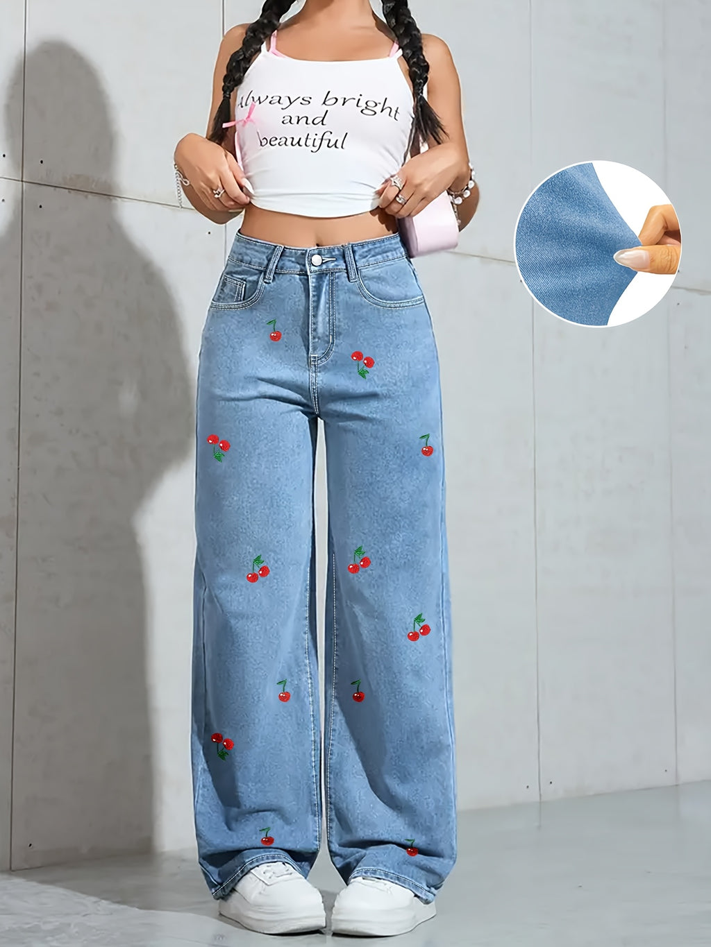 Jean taille haute grande taille — Cerises brodées, jambe large