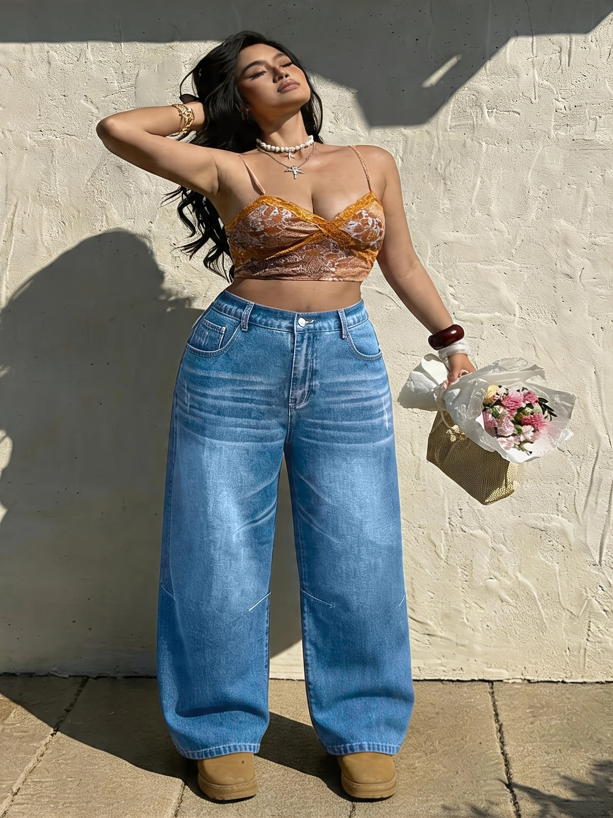 Jean grande taille — Coupe barrel et taille élastiquée au dos