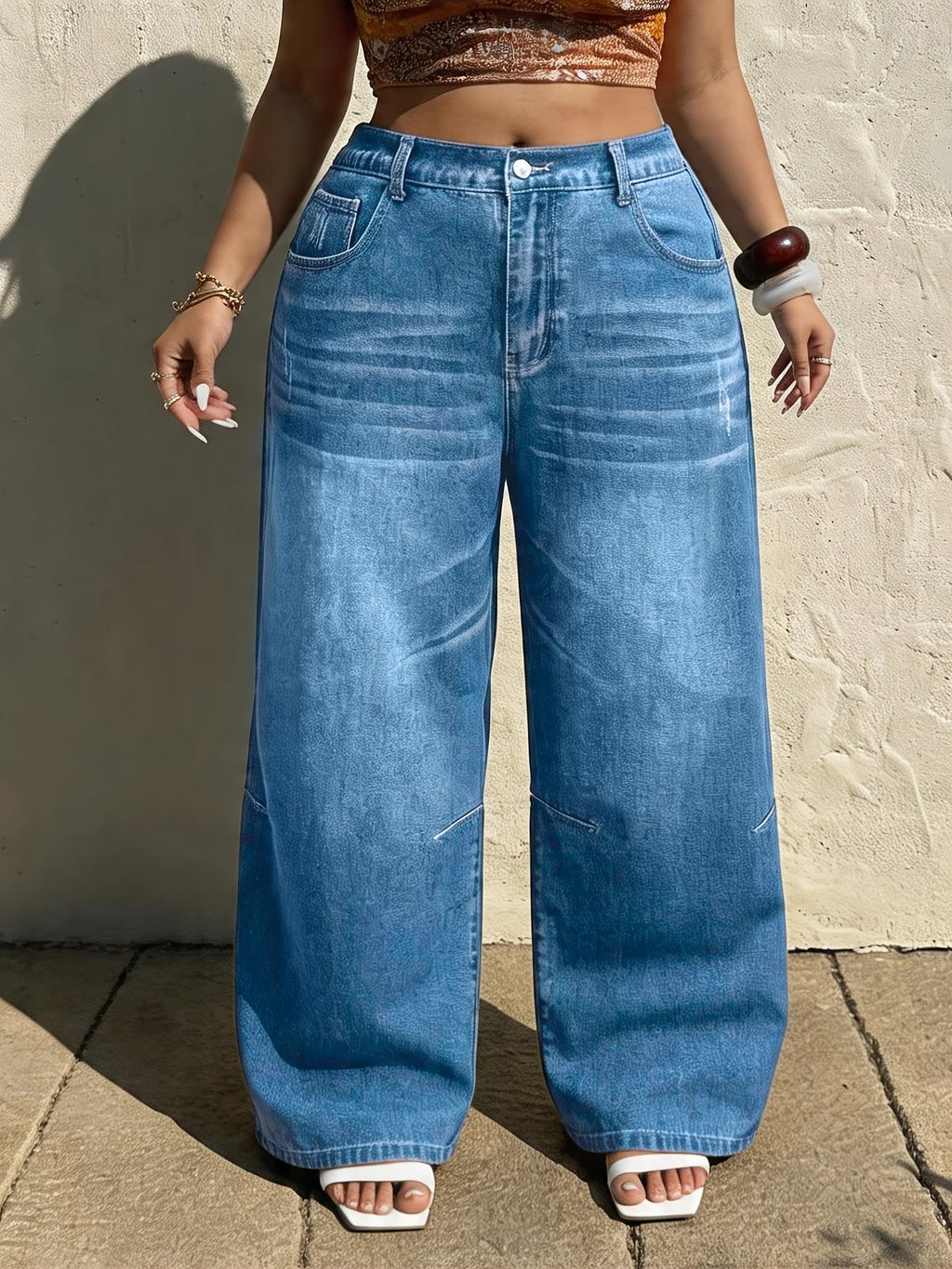Jean grande taille — Coupe barrel et taille élastiquée au dos