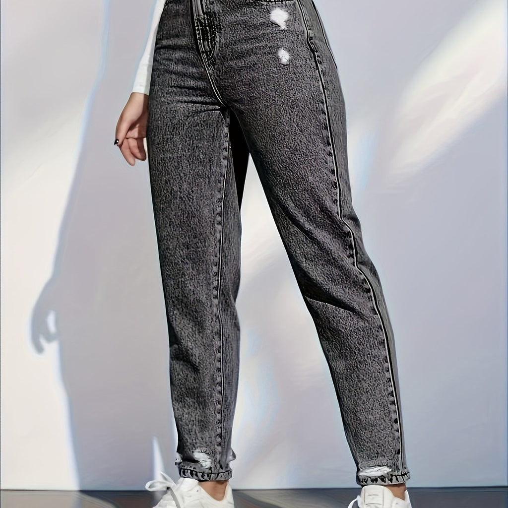 Jean grande taille, coupe droite, délavage doux, tenue franche — matière : denim