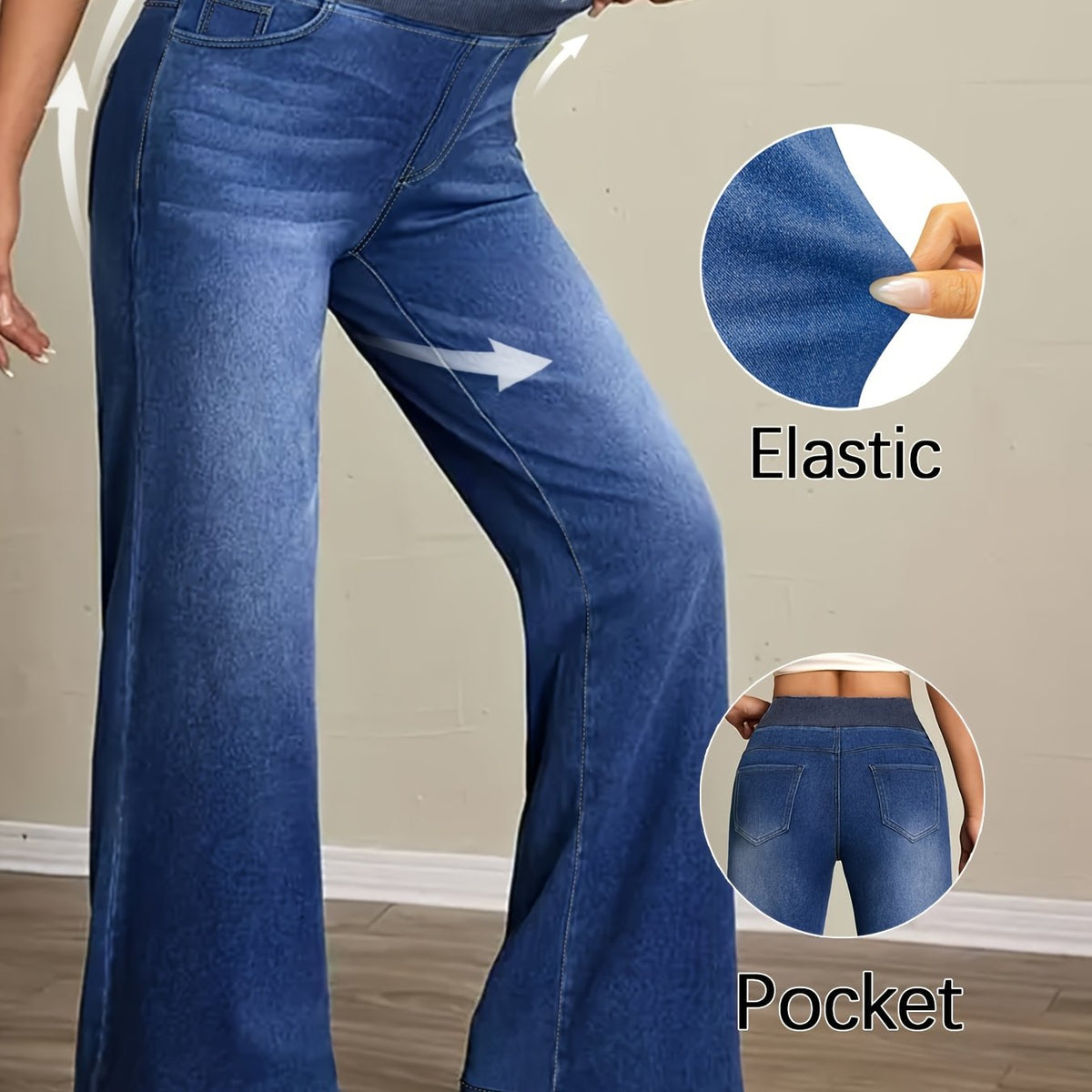 Jean grande taille, coupe évasée, délavage doux, poches pratiques — matière : denim