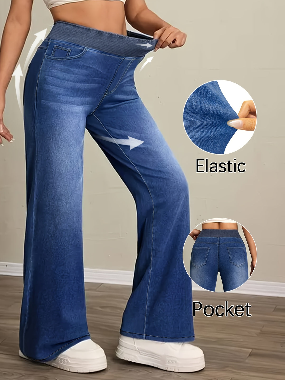 Jean grande taille, coupe évasée, délavage doux, poches pratiques, vu de dos