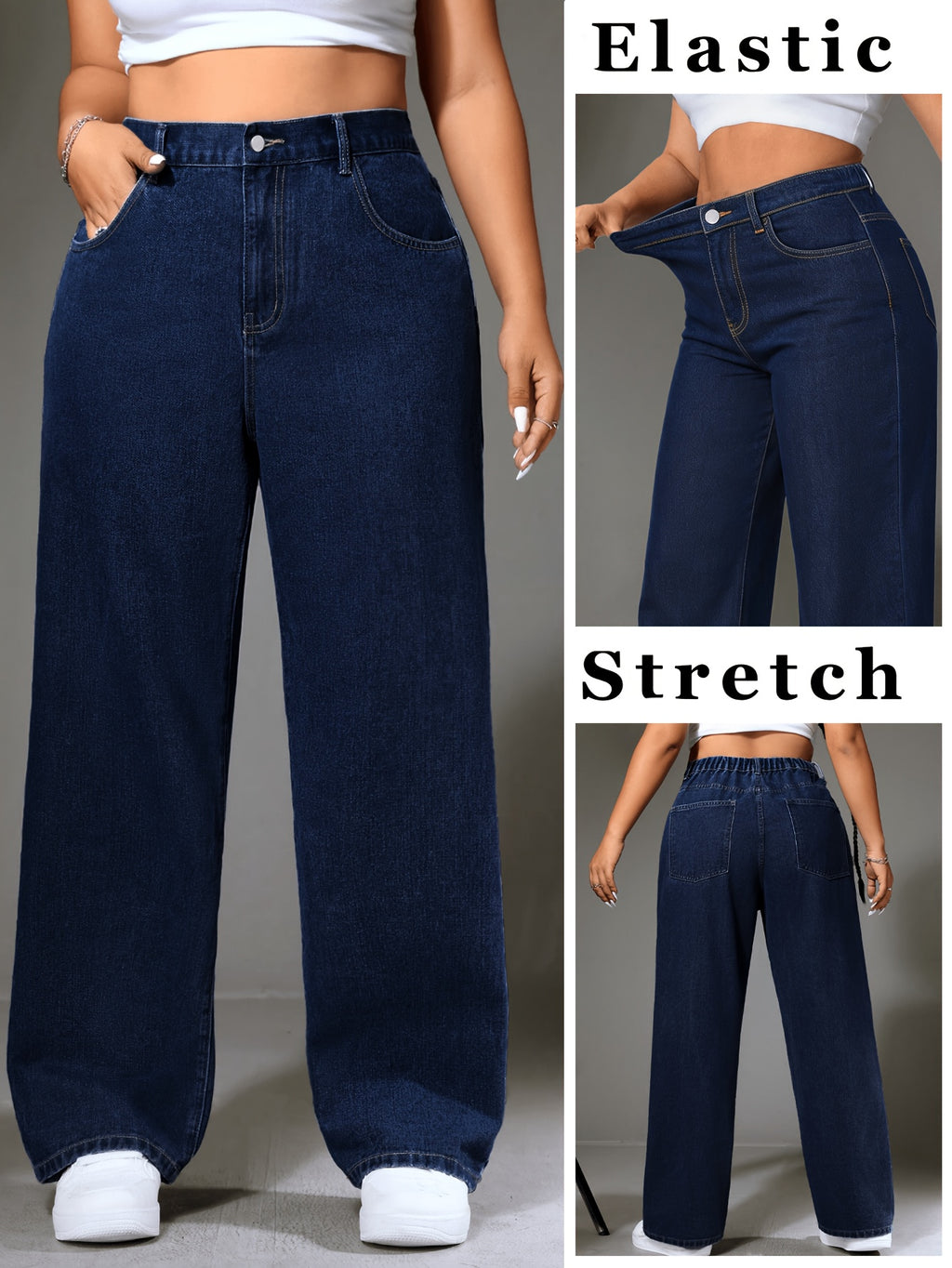 Jean large grande taille — Bleu foncé à taille élastique