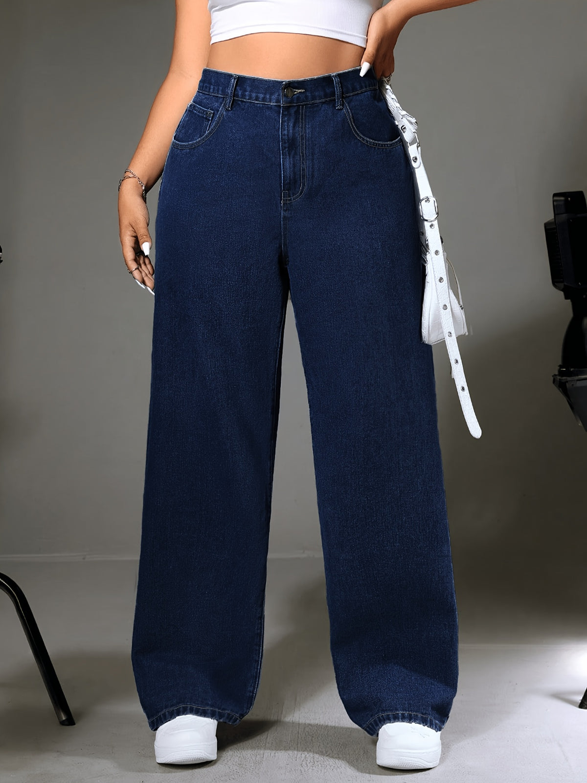 Jean large grande taille — Bleu foncé à taille élastique