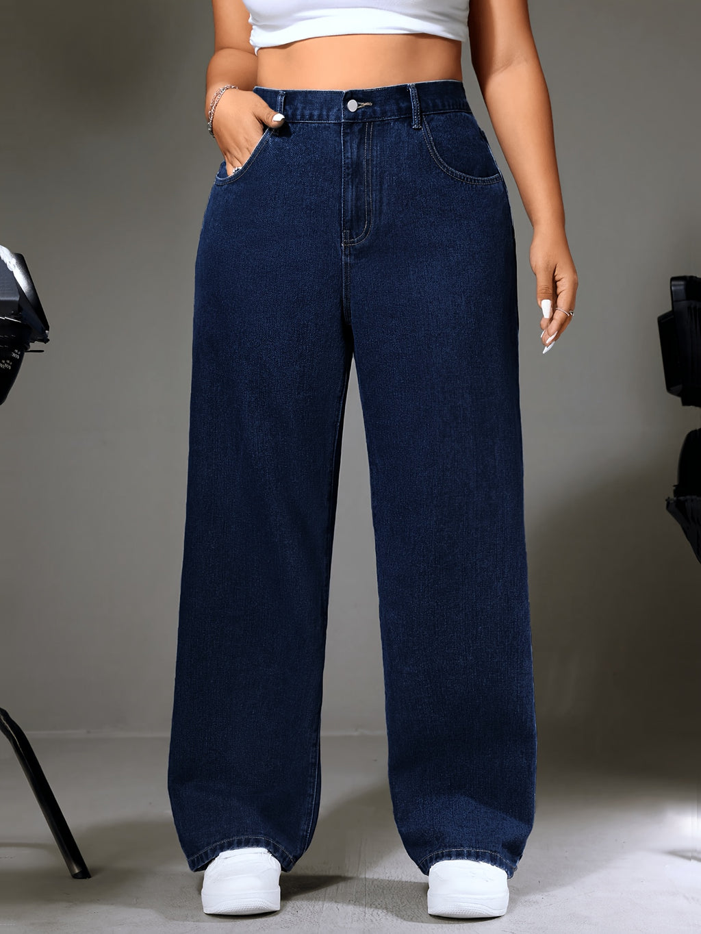 Jean large grande taille — Bleu foncé à taille élastique