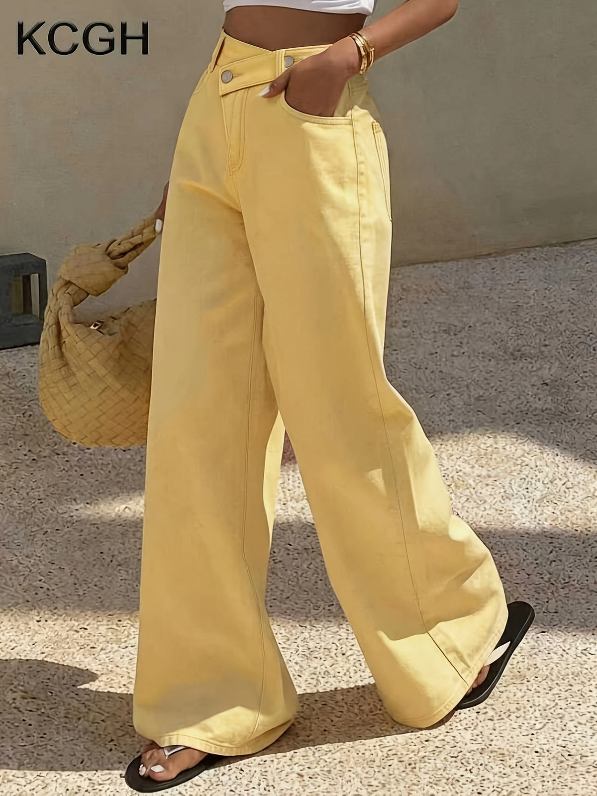 Jean large grande taille — Jaune beurre et taille croisée