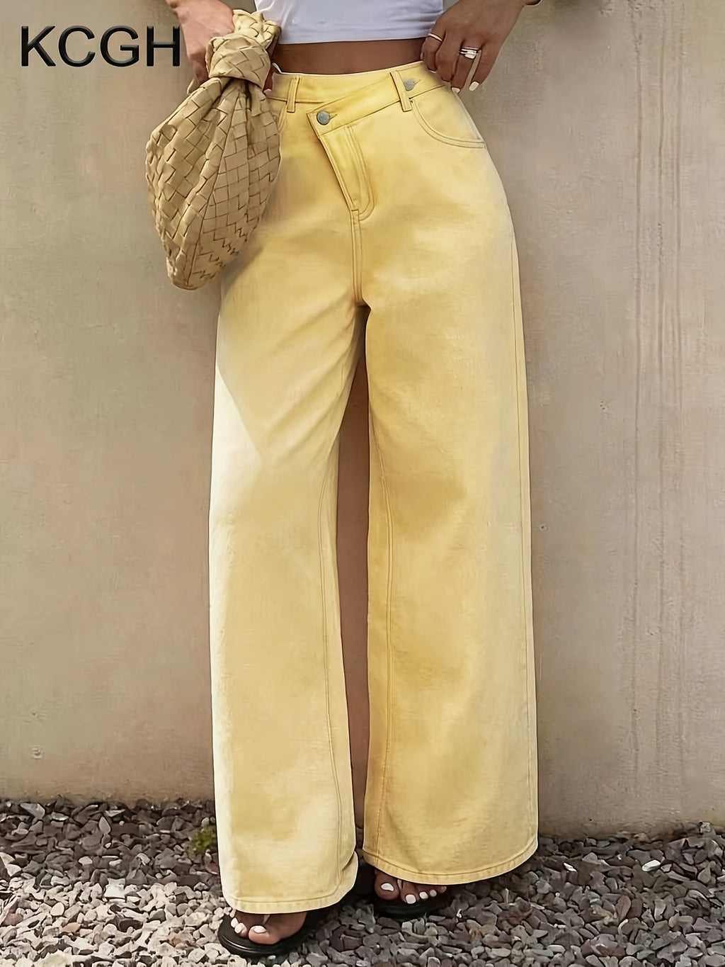 Jean large grande taille — Jaune beurre et taille croisée
