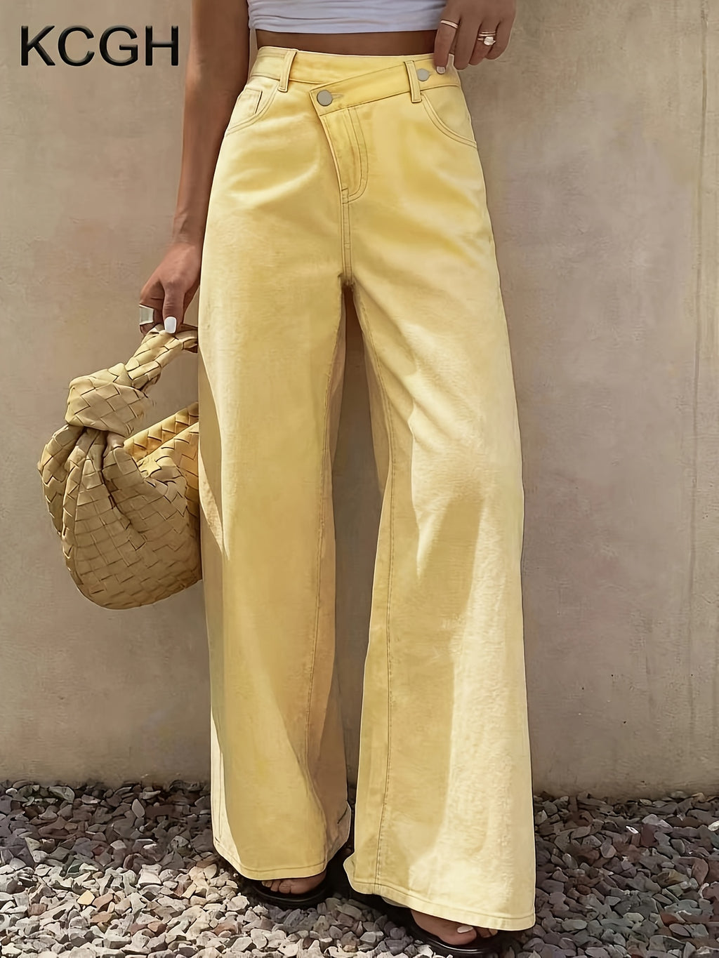 Jean large grande taille — Jaune beurre et taille croisée