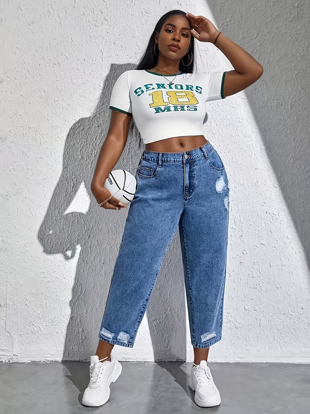 Jean mom grande taille — Déchirures effilochées, dos élastiqué