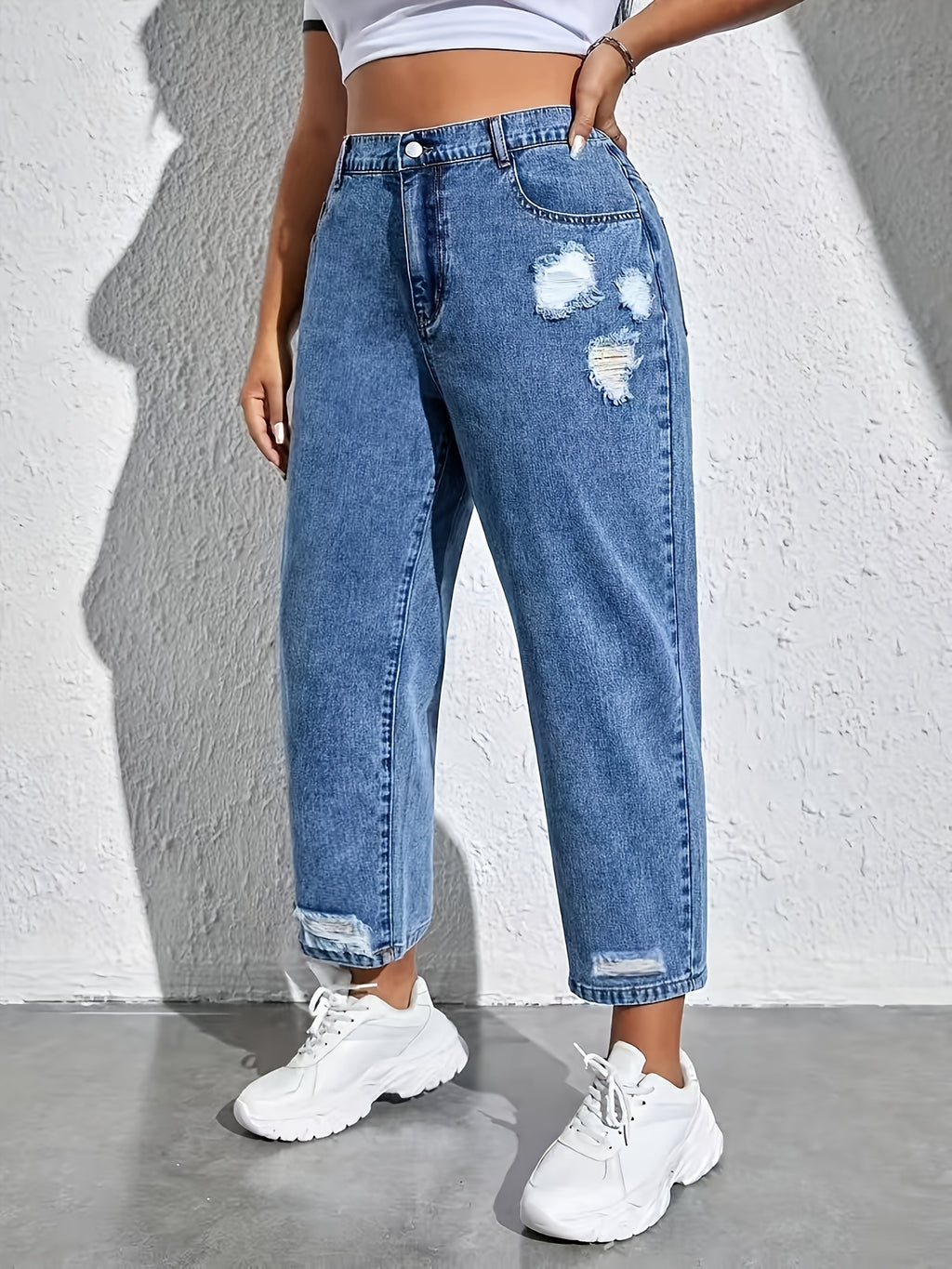 Jean mom grande taille — Déchirures effilochées, dos élastiqué