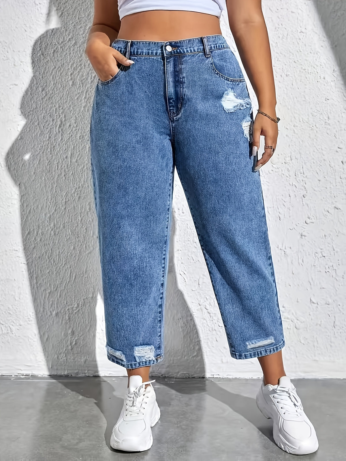 Jean mom grande taille — Déchirures effilochées, dos élastiqué