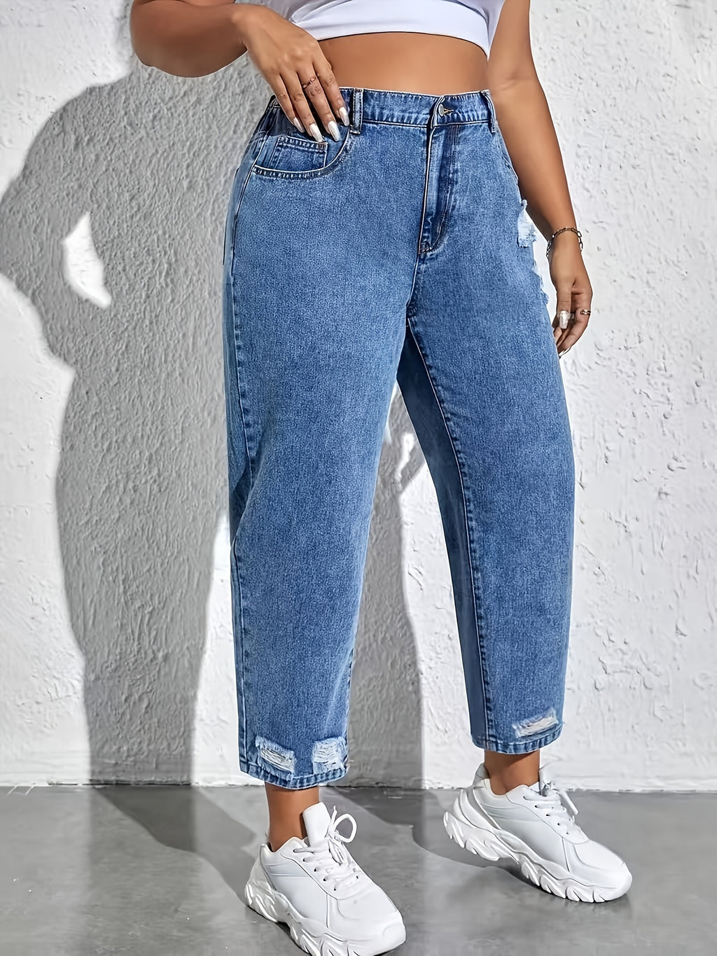Jean mom grande taille — Déchirures effilochées, dos élastiqué