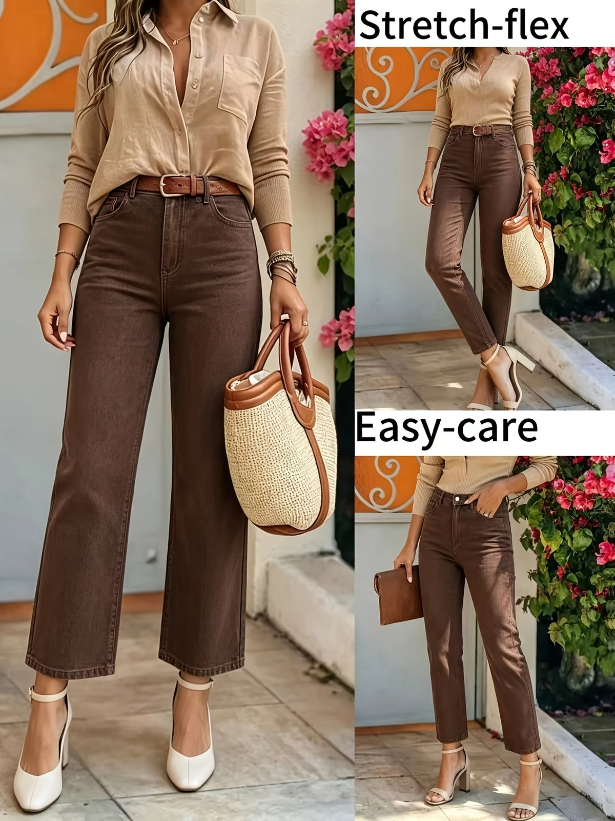Jean mom grande taille — Denim marron café, longueur cheville