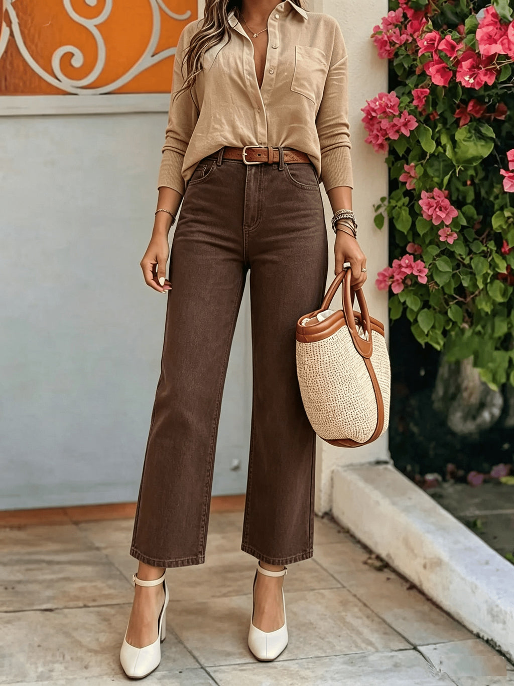 Jean mom grande taille — Denim marron café, longueur cheville