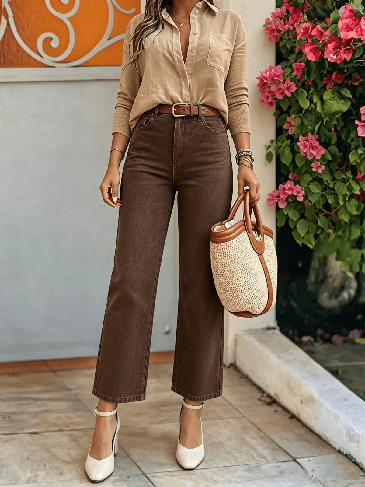Jean mom grande taille — Denim marron café, longueur cheville
