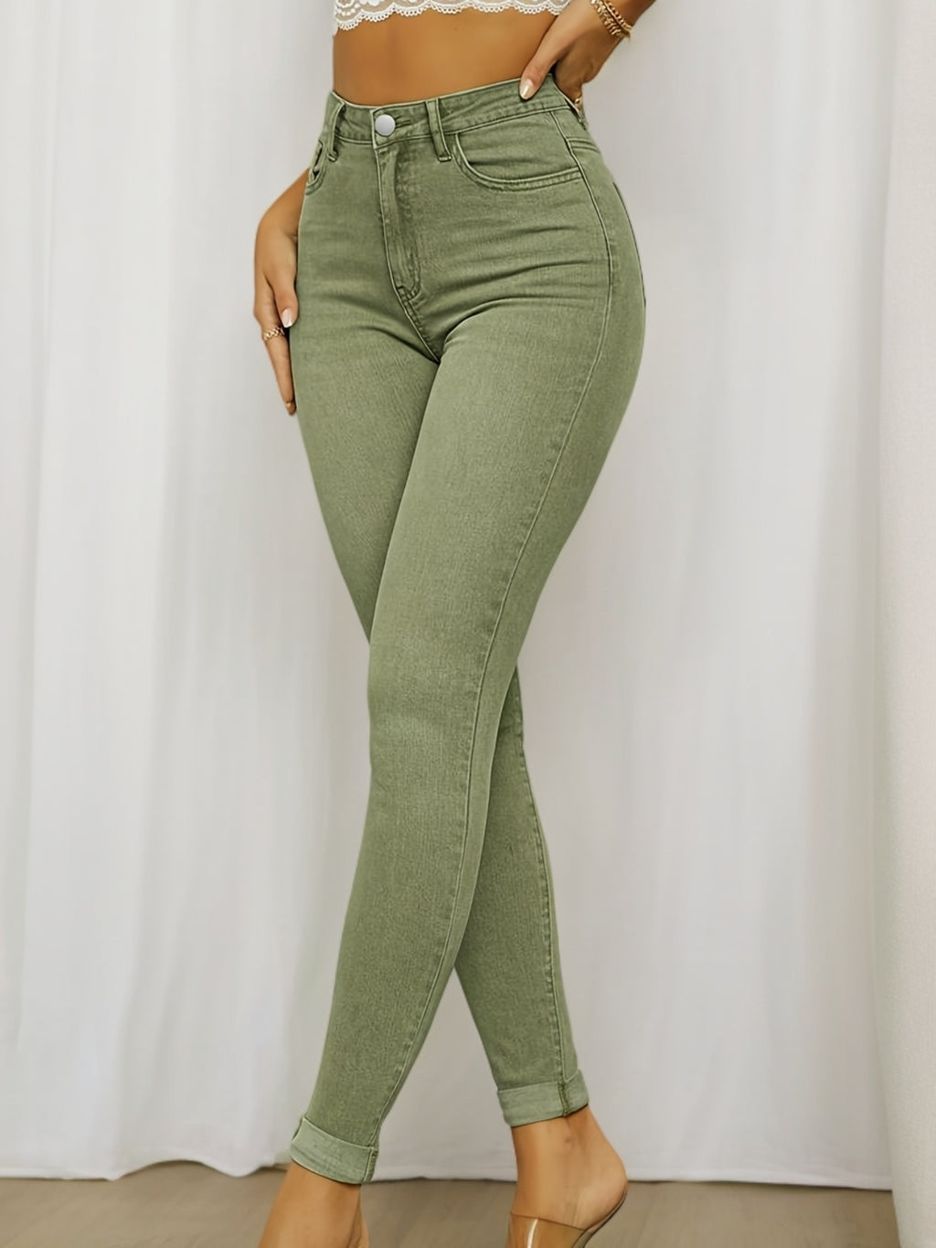 Jean skinny grande taille — Vert olive délavé, bas à revers