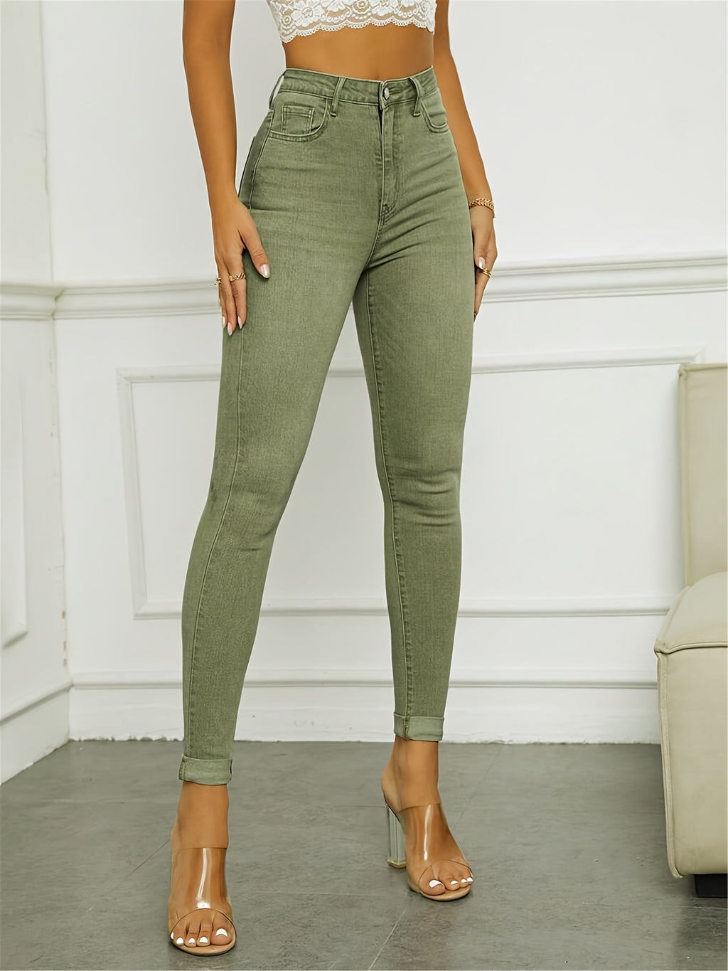Jean skinny grande taille — Vert olive délavé, bas à revers