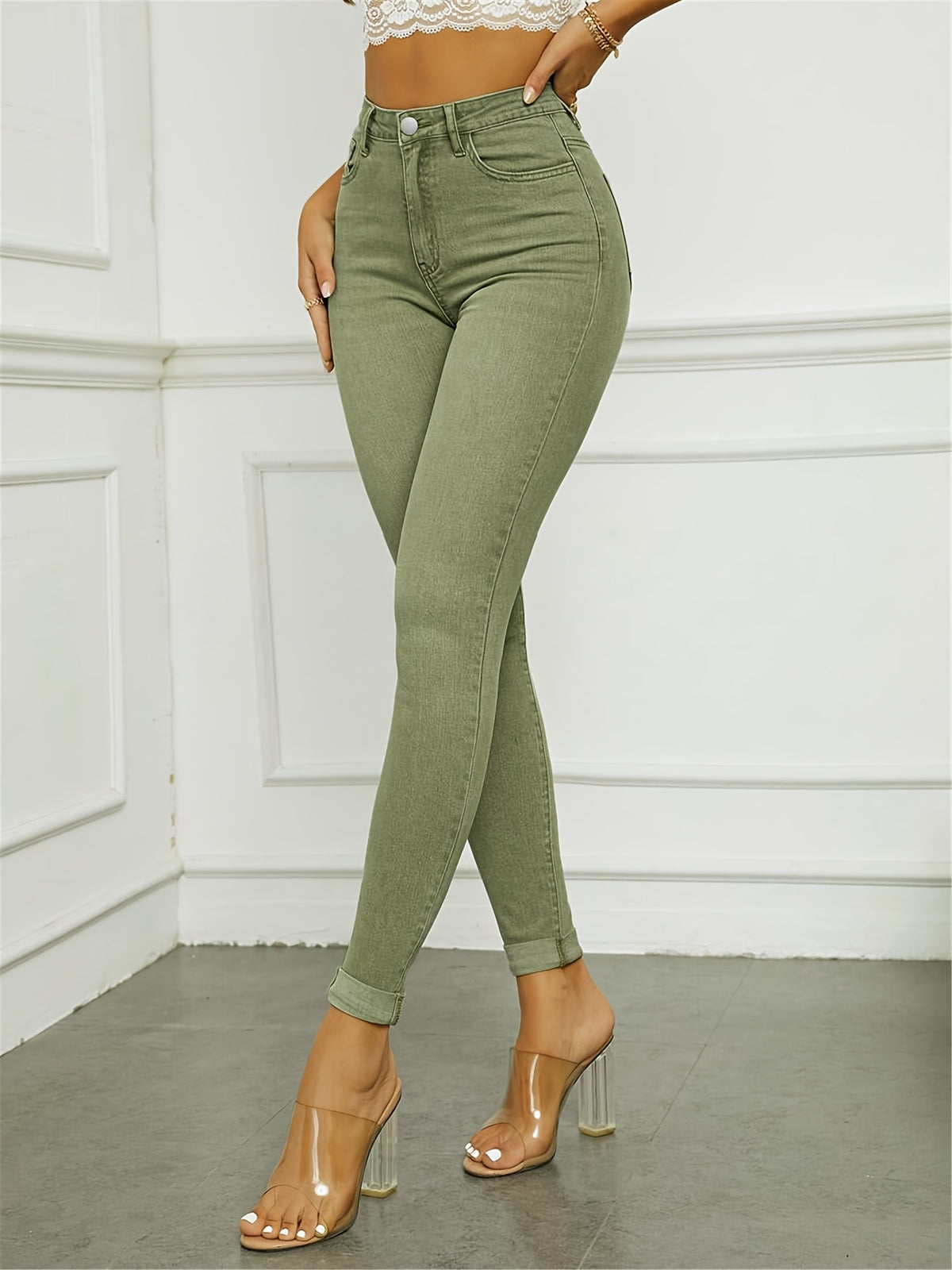 Jean skinny grande taille — Vert olive délavé, bas à revers