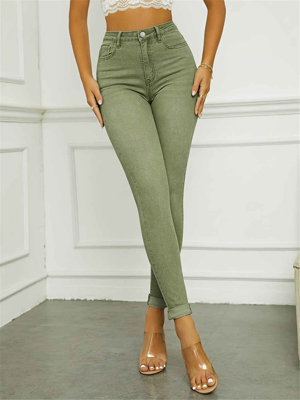 Jean skinny grande taille — Vert olive délavé, bas à revers