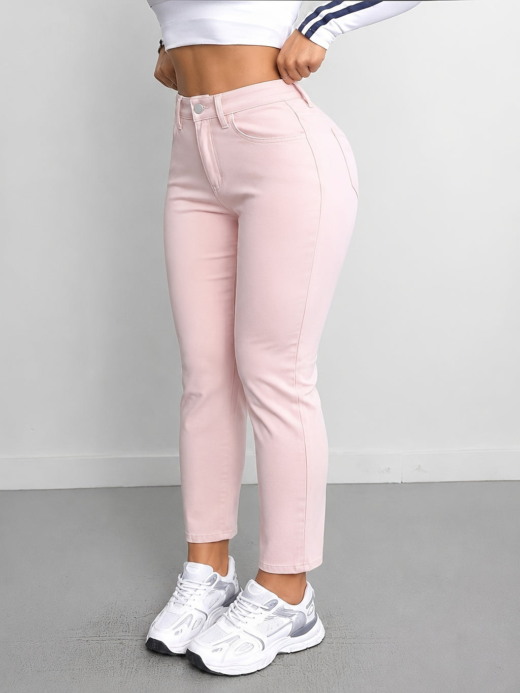 Jean slim grande taille — Un denim teint en rose poudré