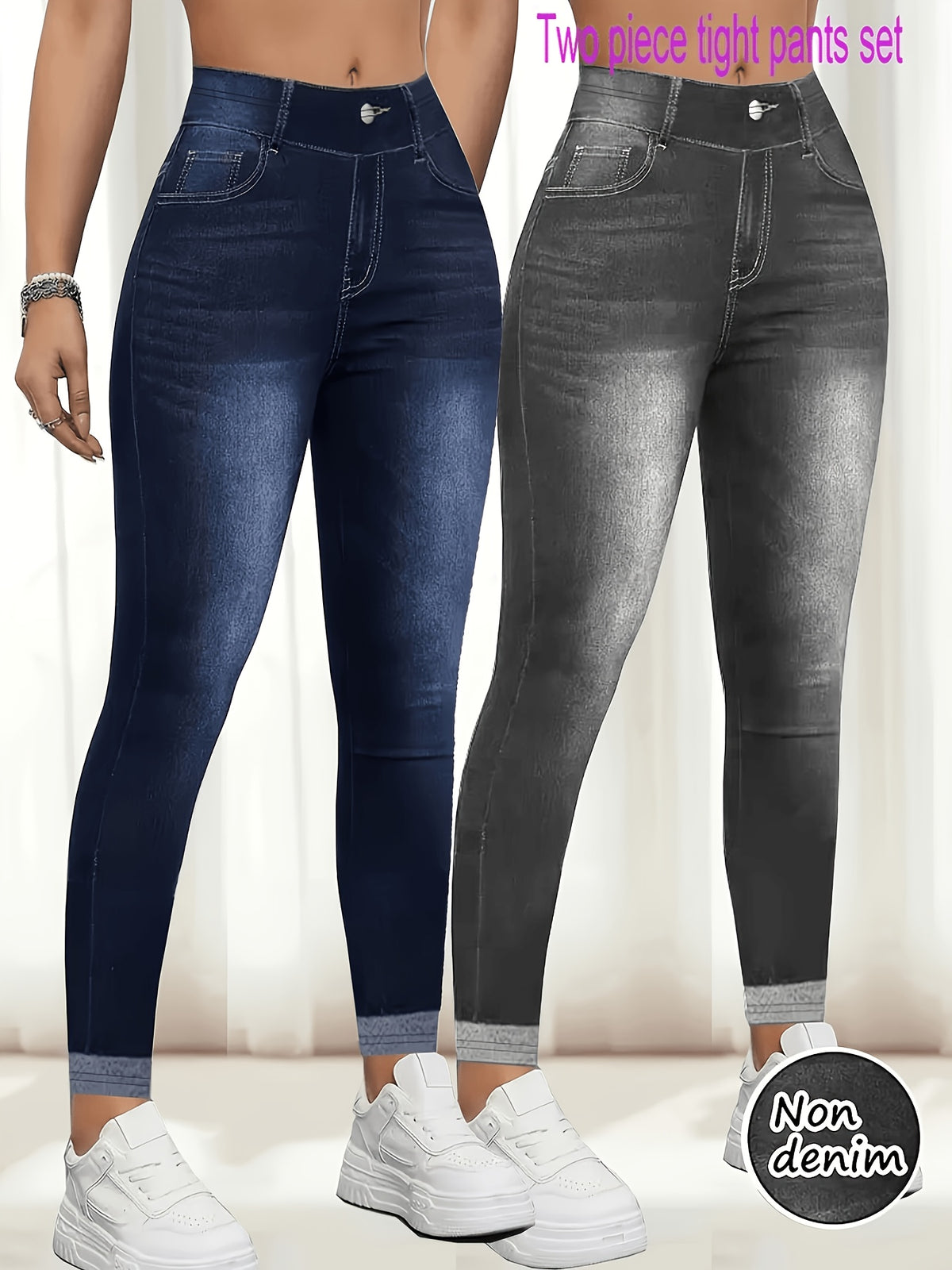 Legging effet denim grande taille — Deux pièces bleu et gris