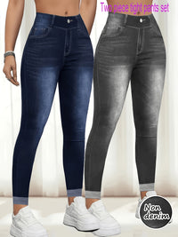 Legging effet denim grande taille — Deux pièces bleu et gris