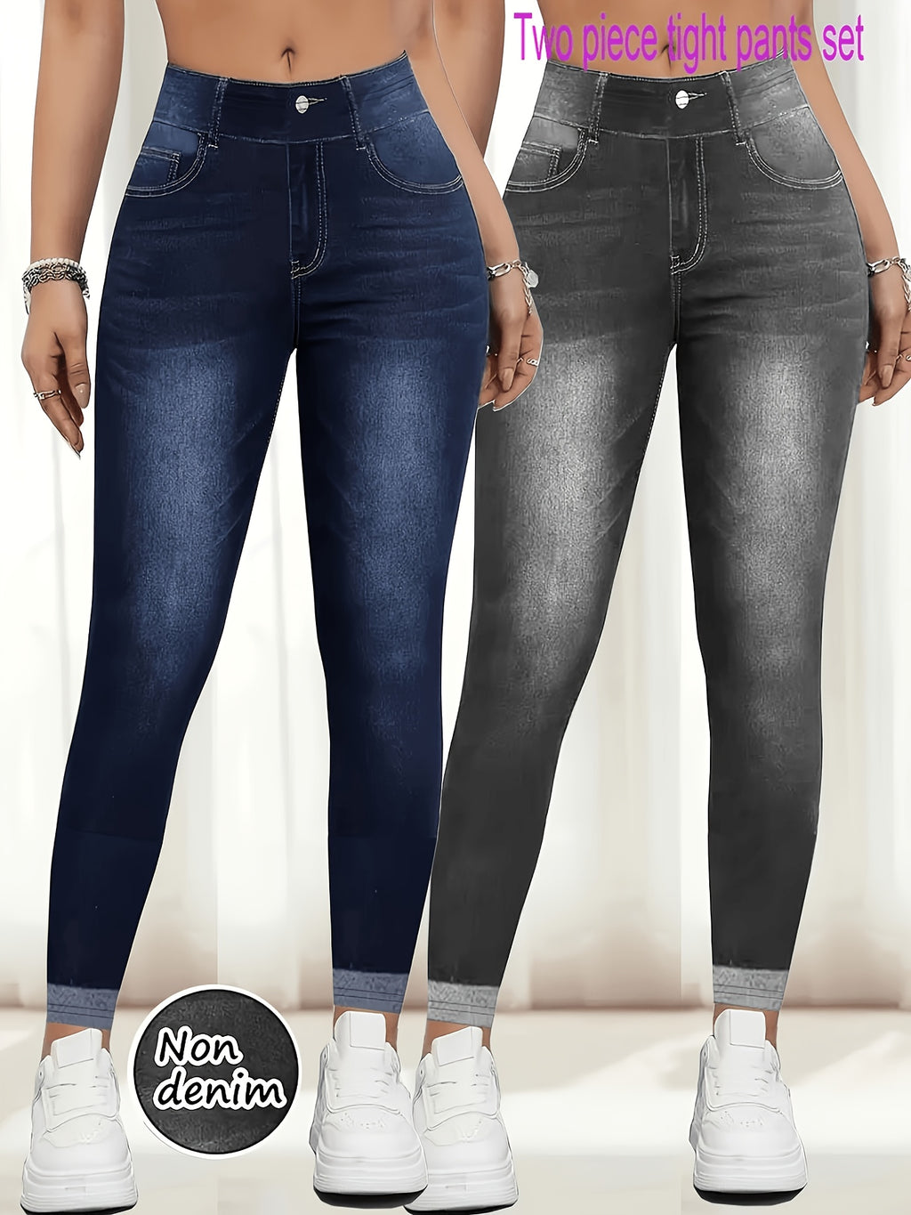 Legging effet denim grande taille — Deux pièces bleu et gris