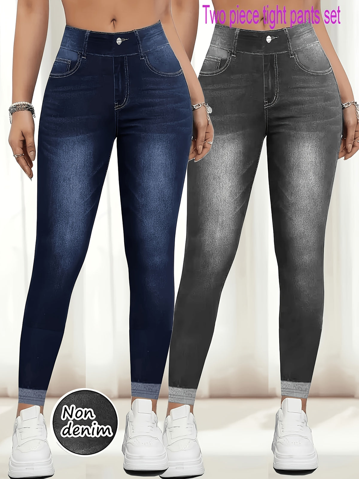 Legging effet denim grande taille — Deux pièces bleu et gris