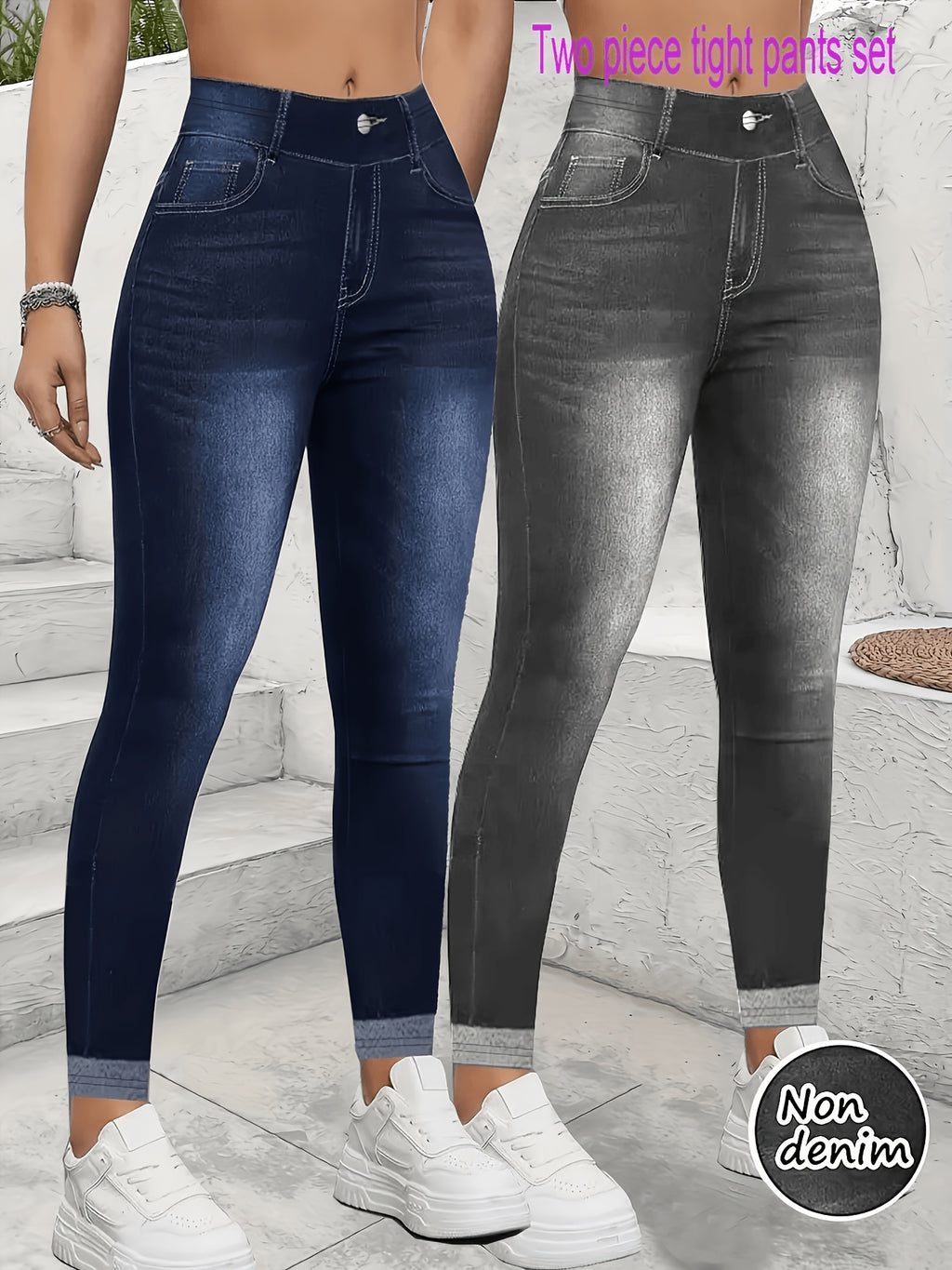 Legging effet denim grande taille — Deux pièces bleu et gris