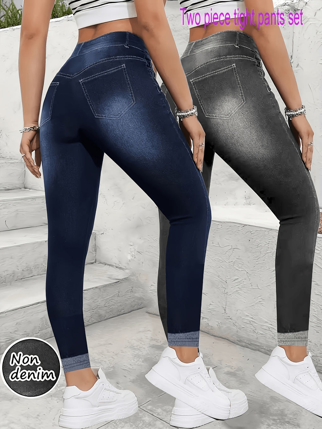 Legging effet denim grande taille — Deux pièces bleu et gris