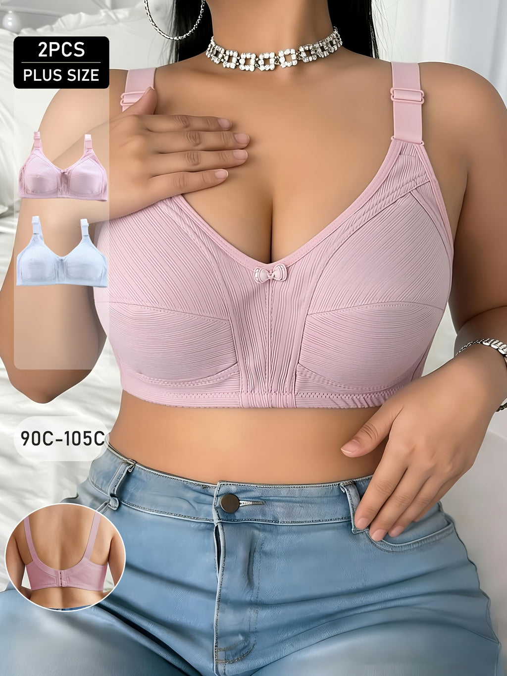 Soutien-gorge grande taille — Duo rose et bleu, coton côtelé