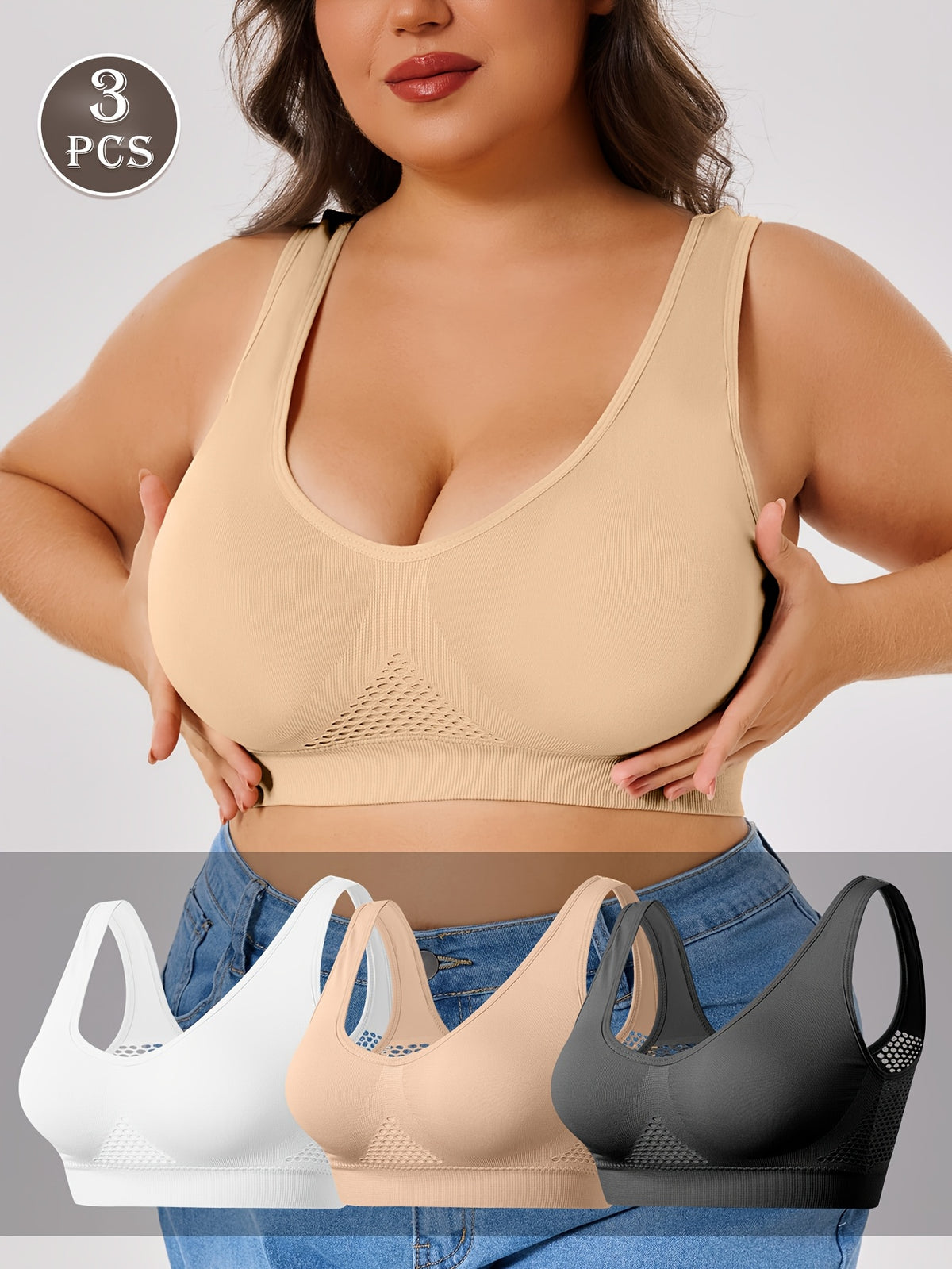 Lot de 3 brassières grande taille — Mesh alvéolé, dos en U