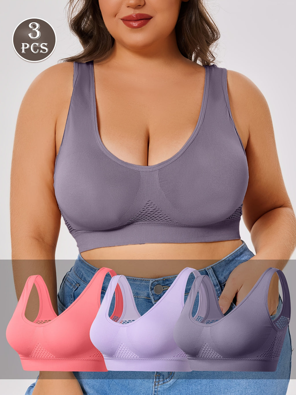 Lot de 3 brassières grande taille — Mesh alvéolé, dos en U