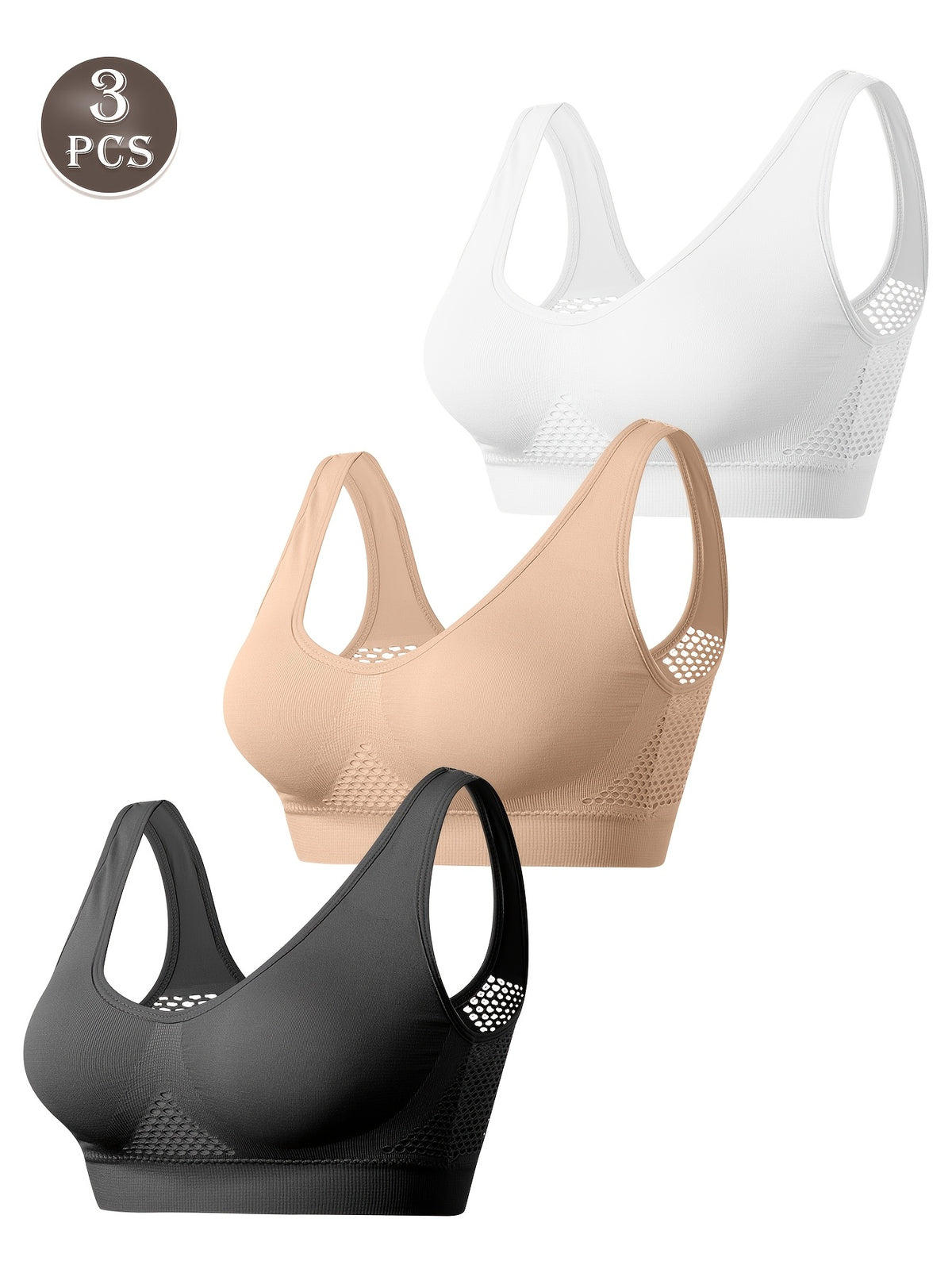 Lot de 3 brassières grande taille — Mesh alvéolé, dos en U